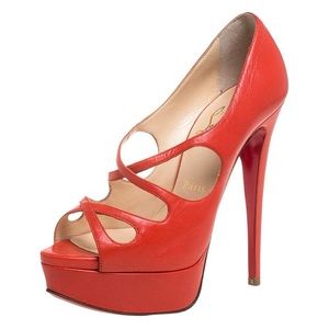 Authentic Christian Louboutin Orange Leather Mademoi Criss Cross Peep Toe Pumps